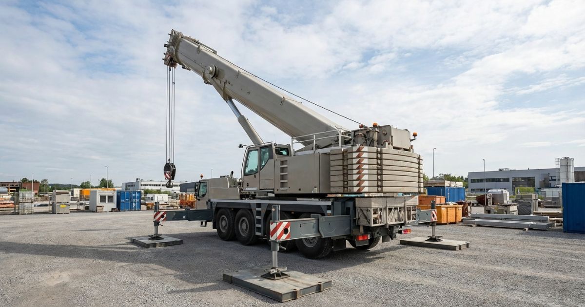 オールテレーンクレーンにカウンターウェイトを装着した作業前の現場イメージ