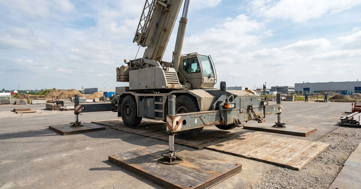 オールテレーンクレーンがアウトリガーを展開して据え付け準備を行う現場イメージ