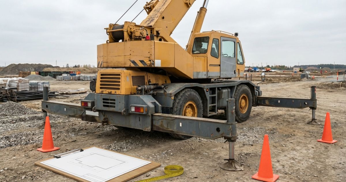 オールテレーンクレーンの性能表を確認する前段階の現場と車両の様子