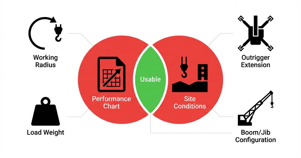 性能表と現場条件が一致するかどうかで使用可否を判断する考え方を示した図解
