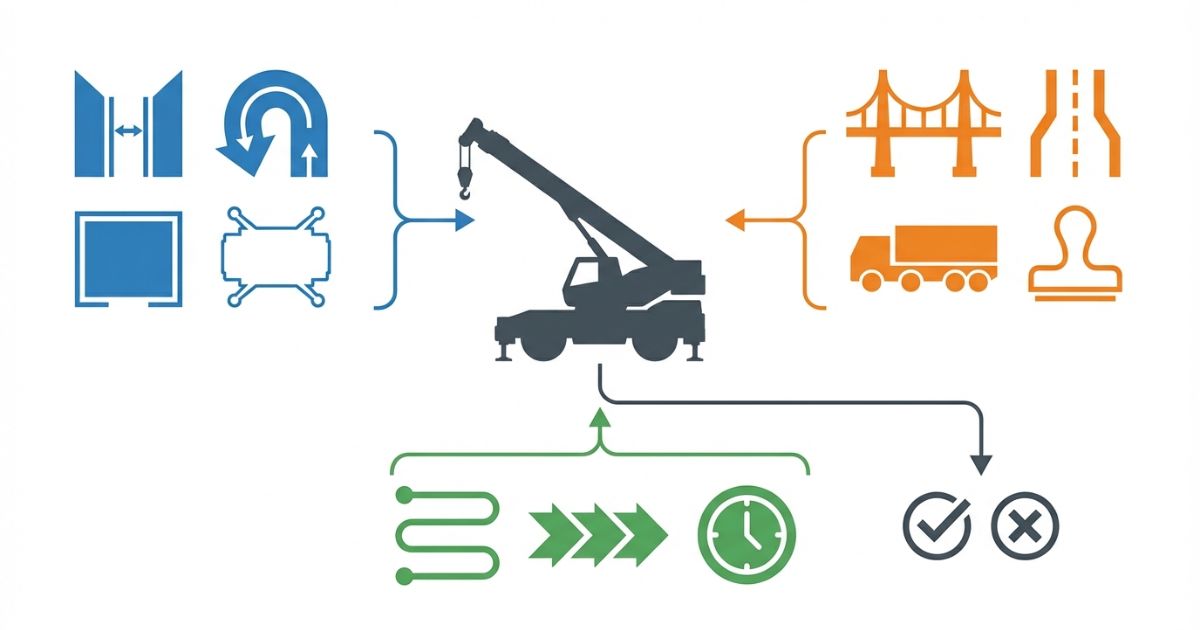 サイズ・重量・速度を現場条件と道路条件と運用条件に当てて適合判断する図解
