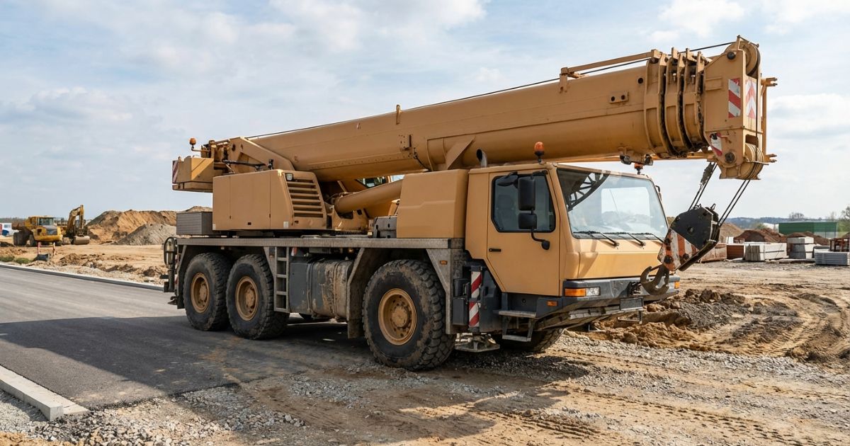 オールテレーンクレーンが舗装道路から現場へ進入する様子の写真