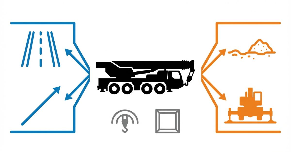 公道走行と不整地対応を両立するオールテレーンクレーンの判断軸を示した図解