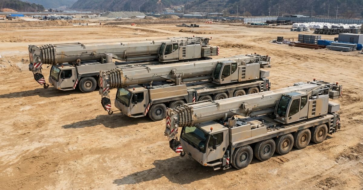 オールテレーンクレーンの100t級から超大型までのサイズ感を比較できる現場写真