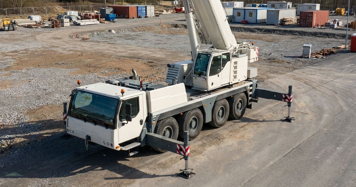 オールテレーンクレーンが現場に停止している全体像の写真