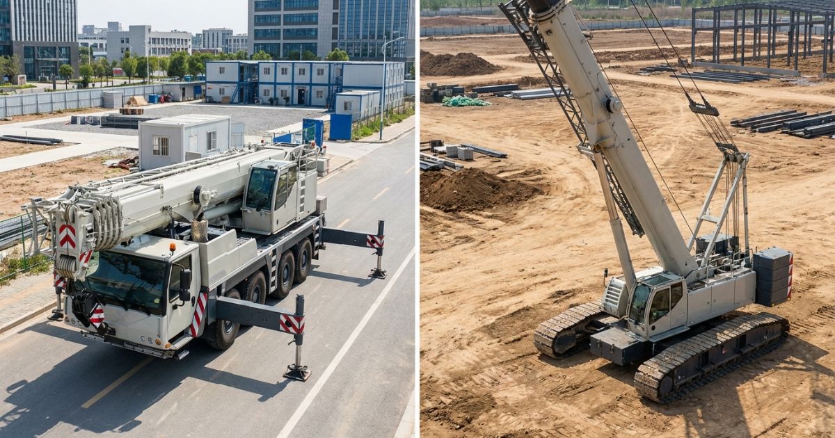 オールテレーンクレーンとクローラクレーンが適した現場に配置された比較イメージ