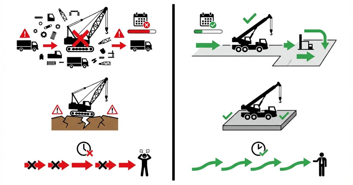 クレーン選定で起きやすい失敗と適切な判断を対比した図解