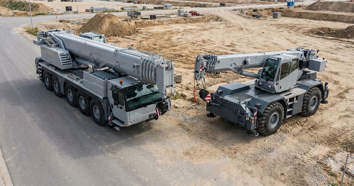 オールテレーンクレーンとラフテレーンクレーンを同時に比較できる現場イメージ