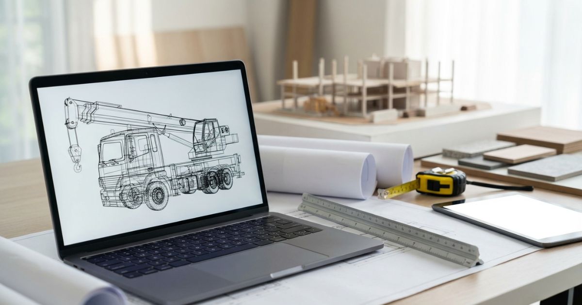 クレーン付きトラックのCADデータを机上で検討する実務イメージのアイキャッチ写真