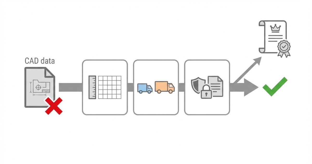 CADは補助資料として前提と適合と利用条件を確認し公式資料で裏取りする判断軸の文字なし図解