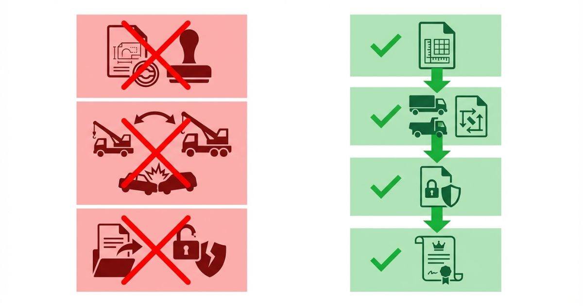 参考CADの実寸誤用と2t3t流用と利用条件不明提出の失敗例と回避手順を示す文字なし図解