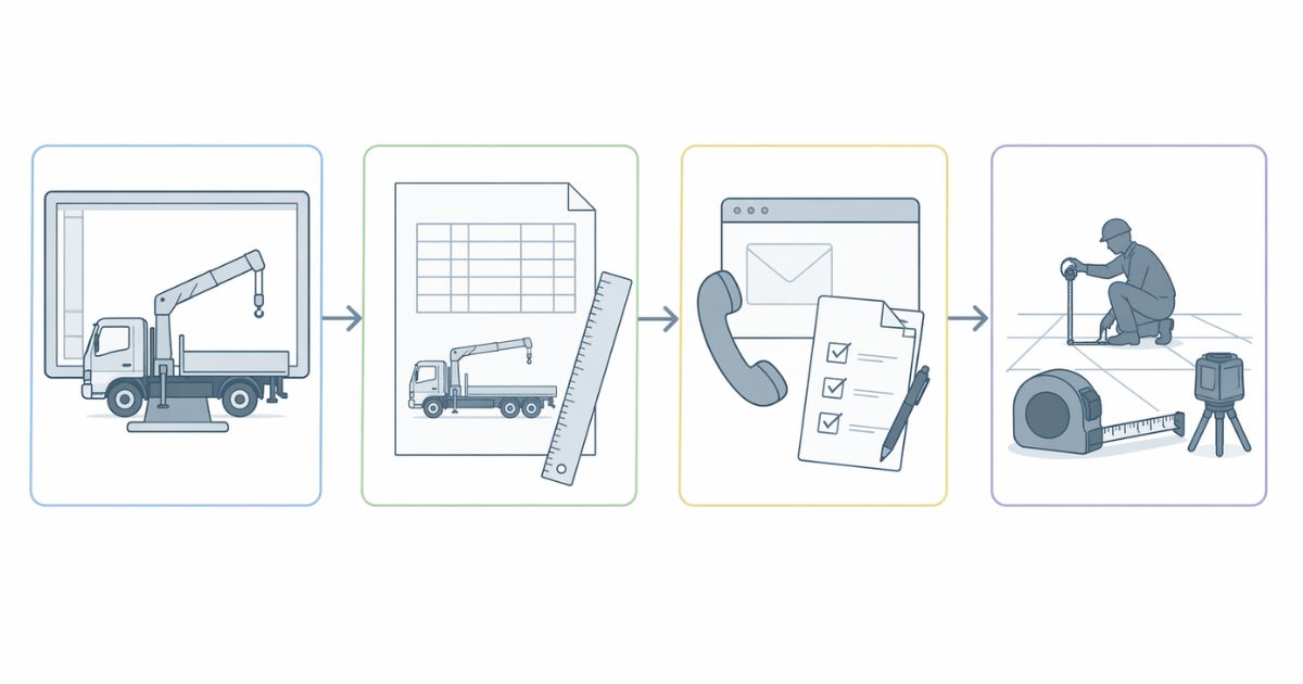クレーン付きトラックのCADデータを仮置きから公式照合と確認へ進める実務フロー図