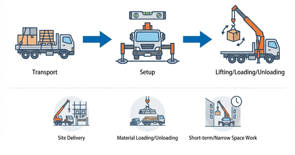 運搬と吊り作業を一体で行うクレーン付きトラックの流れを示す文字なし図解