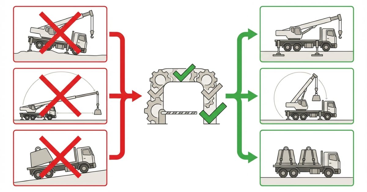 アウトリガー不十分や半径過大などの失敗を安全側の分岐で示す文字なし図解