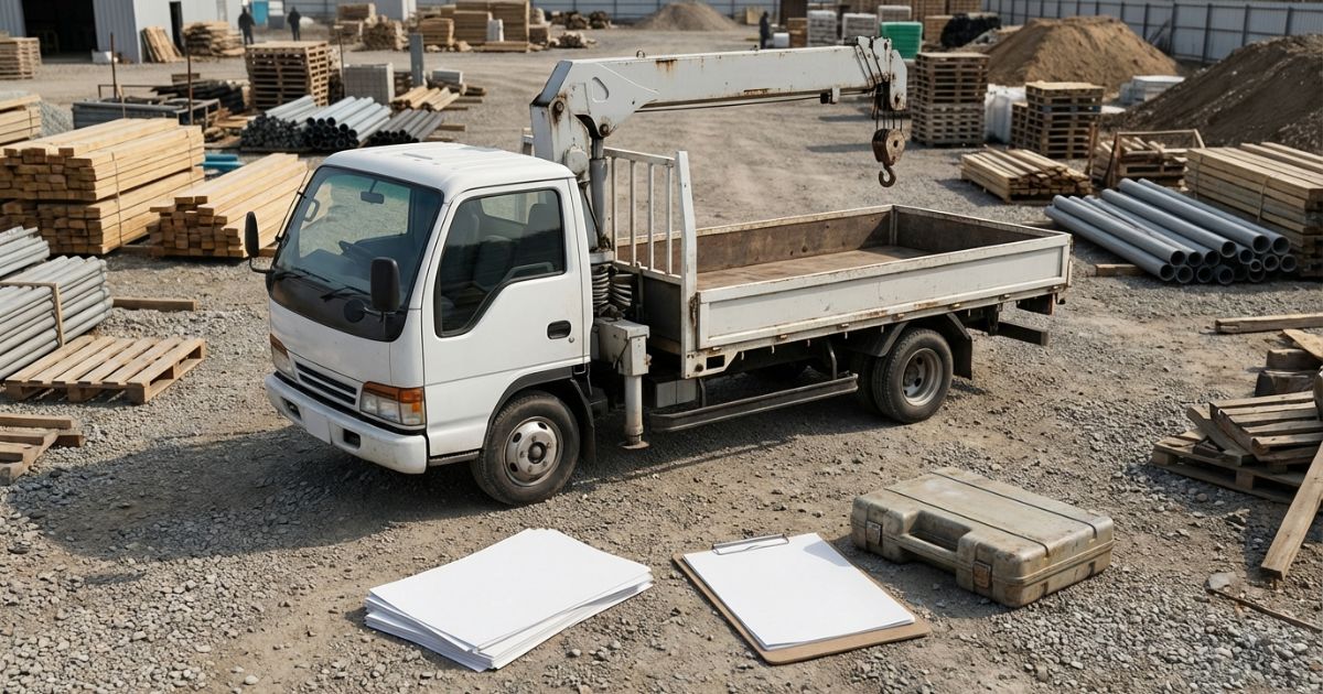 ユニックとクレーン付きトラックの呼称が混在しやすい現場を表すクレーン付きトラックの写真