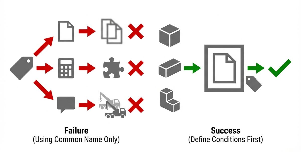 通称だけで依頼して条件が抜ける失敗分岐と回避策を示す文字なし図解