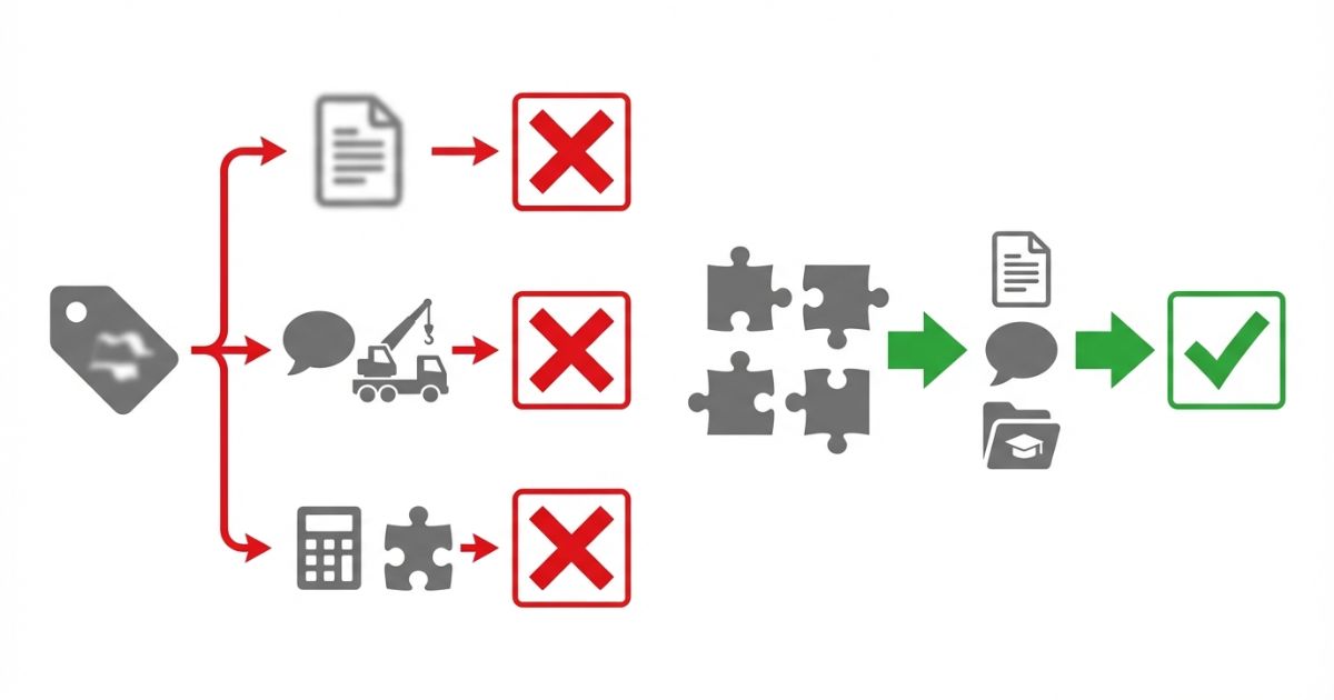 呼称だけで進める失敗分岐と要件を先に揃える回避策を示す文字なし図解