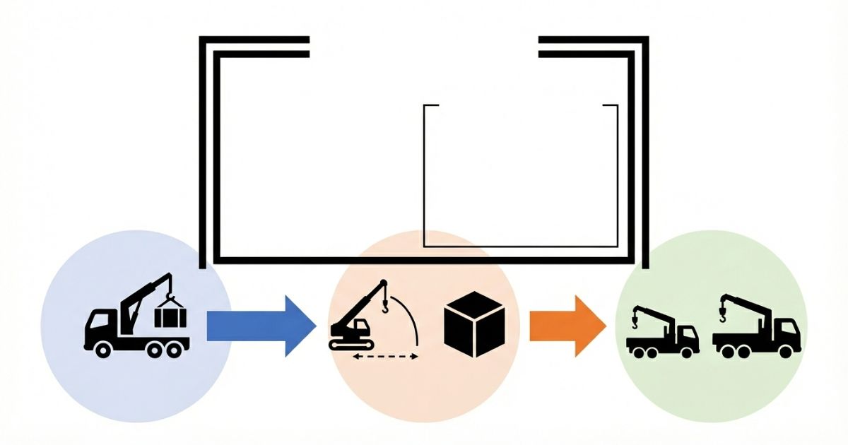 ユニック車はクレーン付きトラックの一部で用途と作業条件で判断する軸を示す文字なし図解
