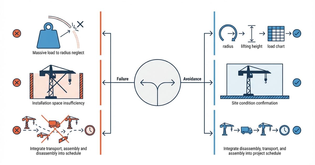重量だけ判断・設置不足・工程未計上の失敗と回避策の分岐を示す図解