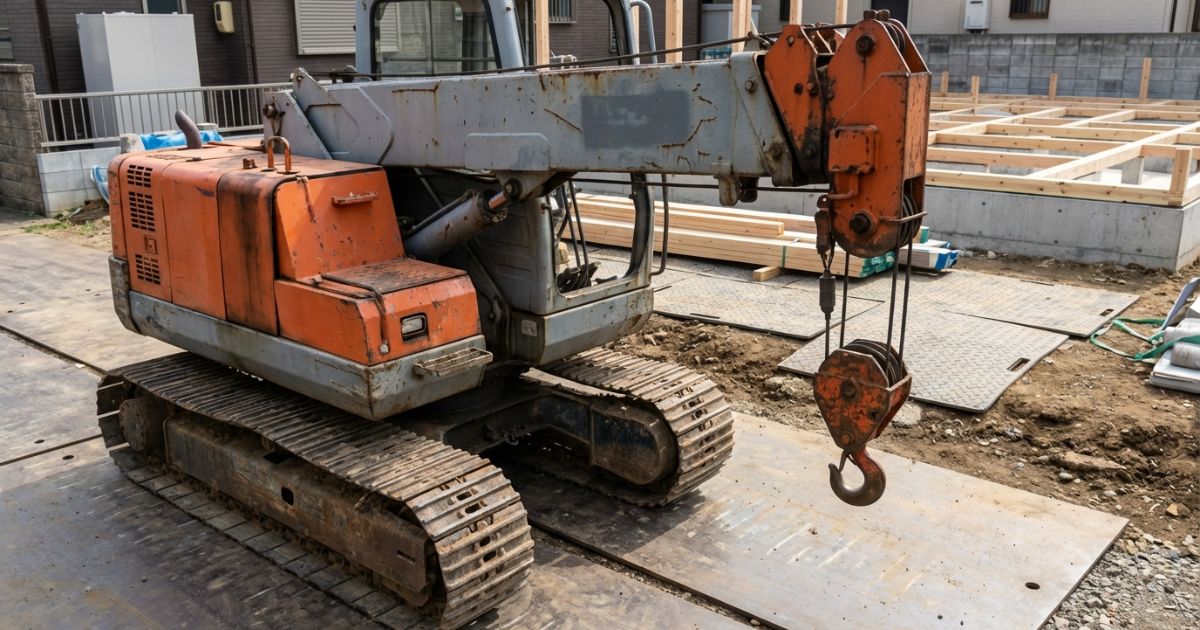 中小規模の工事現場で作業準備をする小型クローラークレーンのイメージ