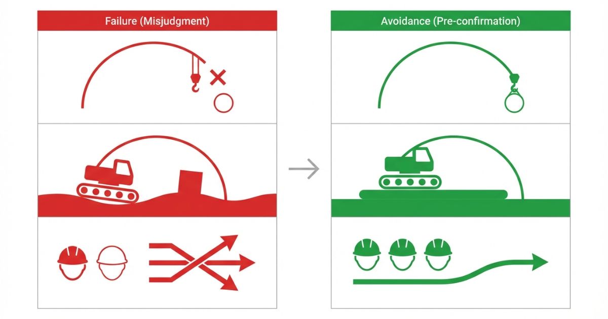 作業半径と地盤と体制の見落としによる失敗と回避を示す図解