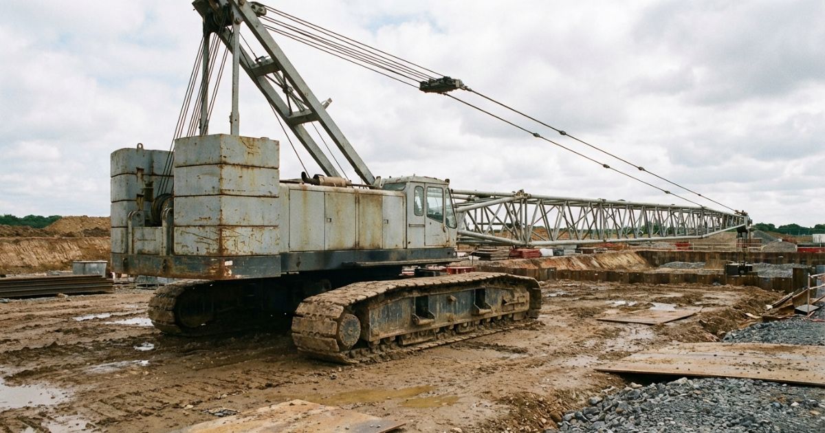 不整地寄りの中規模現場で据え付け状態の50tクラスクローラークレーンのイメージ