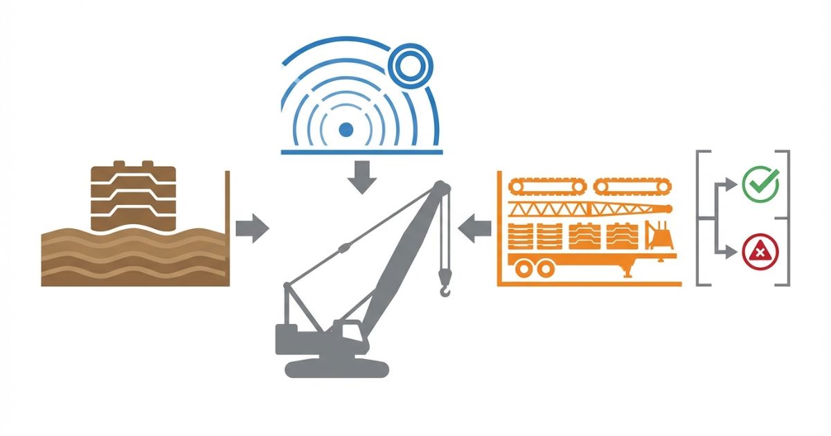 50tクラスを地盤・作業範囲・運用負荷で線引きする判断軸を示す図解
