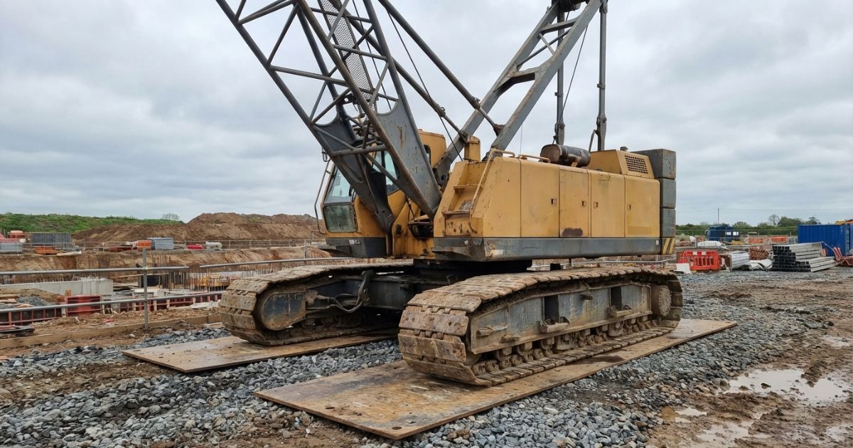 不整地寄りの中規模現場で据え付け状態の70tクラスクローラークレーンのイメージ