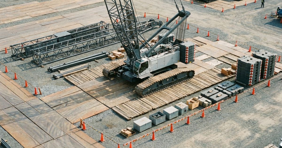 クローラークレーンの組立作業に必要なヤードと部材仮置きの雰囲気が伝わる写真風イメージ