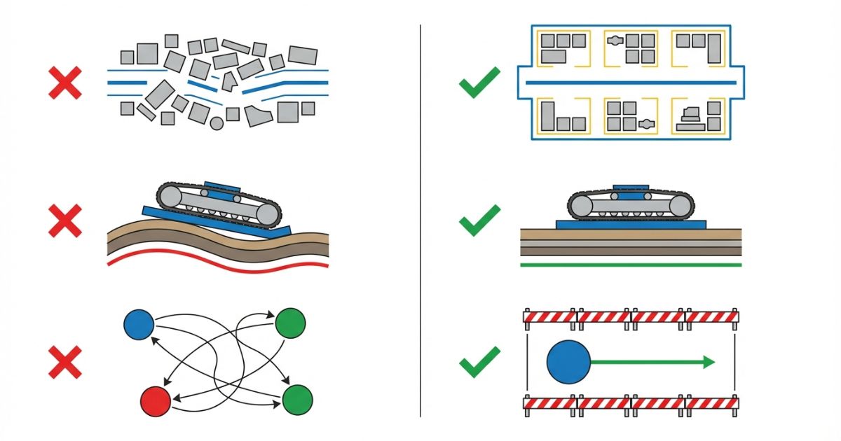 ヤード不足や地盤不安や合図の混乱など組立で起きやすい失敗と回避策を対比した文字なし図解