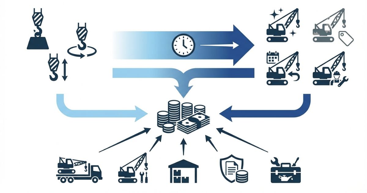 クローラークレーンの価格が能力・期間・導入方法と付帯費用で決まることを示す図解