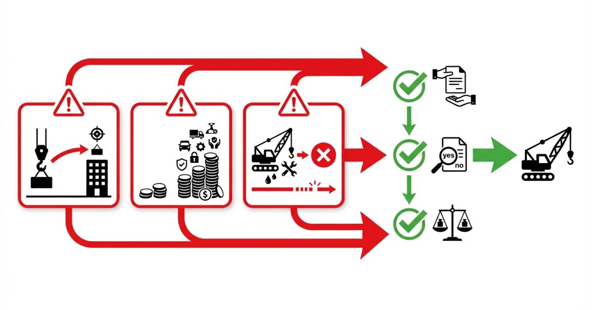 価格だけで決めた場合に起きやすい失敗例と回避の流れを示す図解