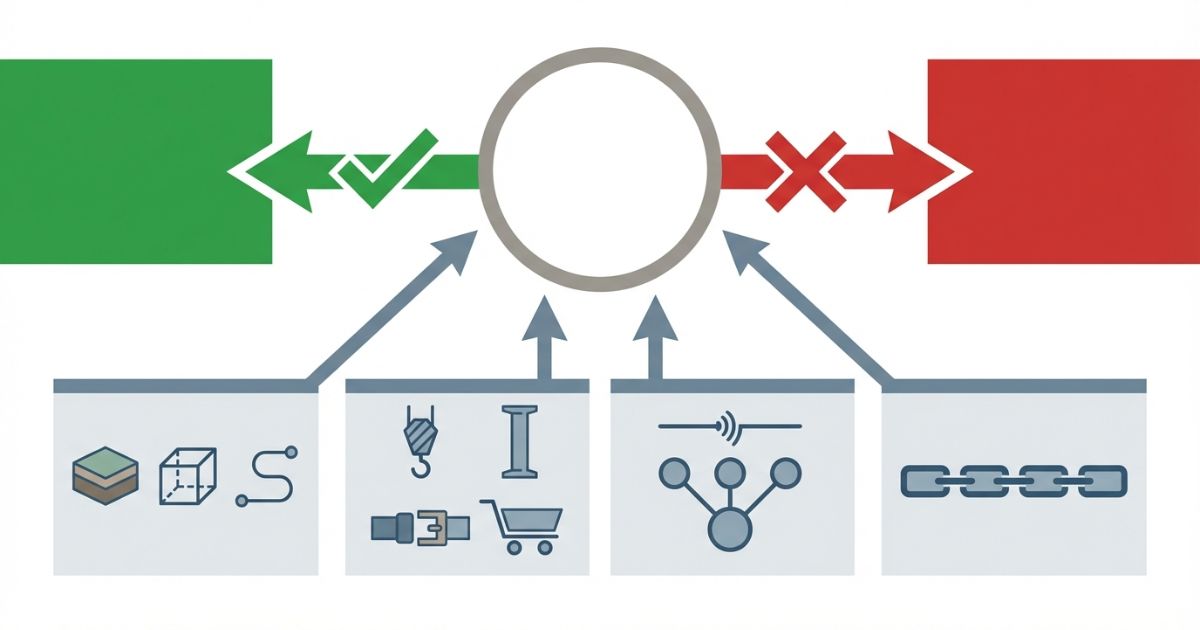 解体分解は安全条件が揃うかで自社対応か外注切替かを判断することを示す文字なし図解