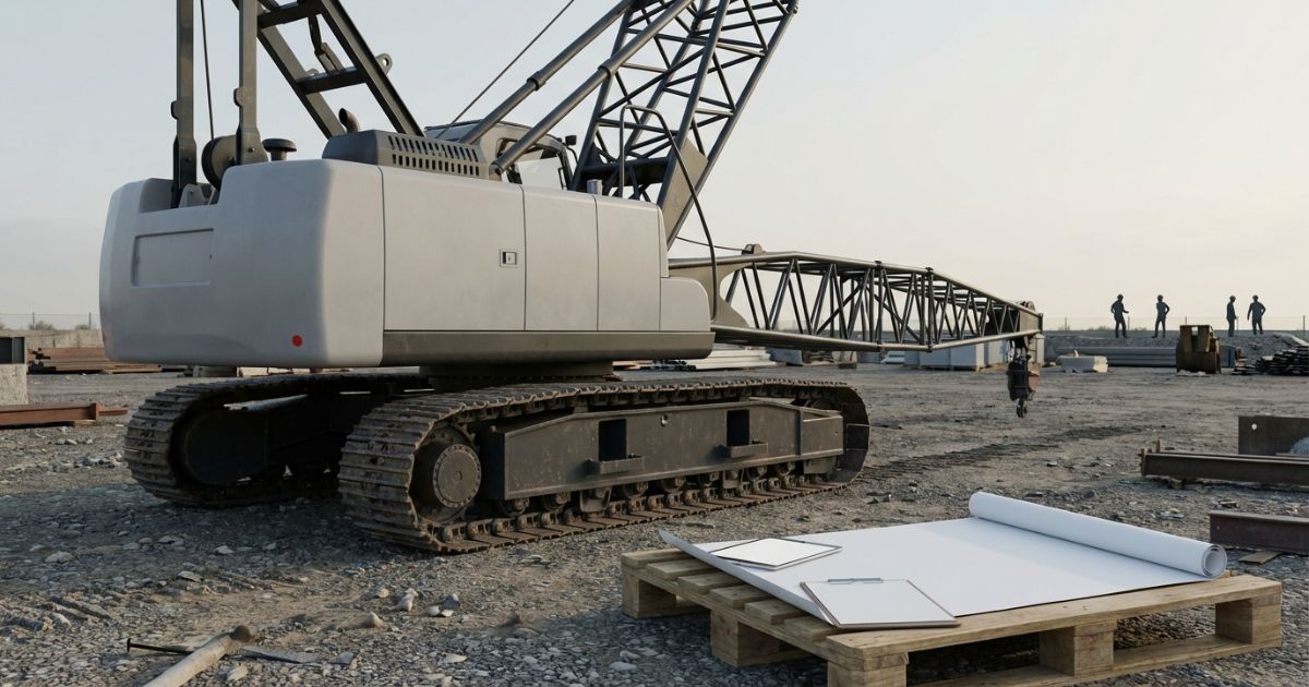 クローラークレーンと図面確認のイメージ（現場での搬入・設置判断）