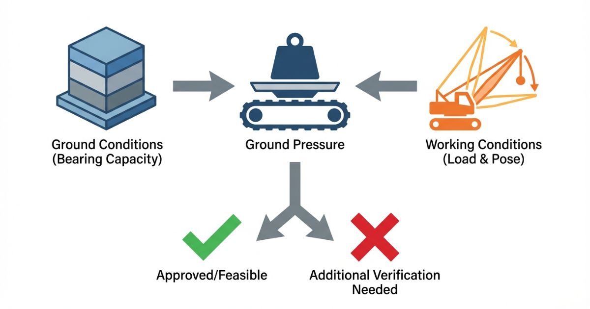 接地圧と地盤条件と作業条件を照合して使用可否を判断する考え方の図解