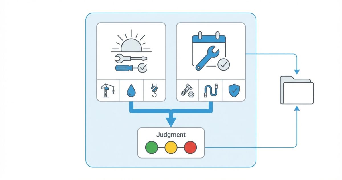 日常点検と月例点検を分けて確認と記録を行い異常時は使用可否判断につなげる全体像を示す文字なし図解