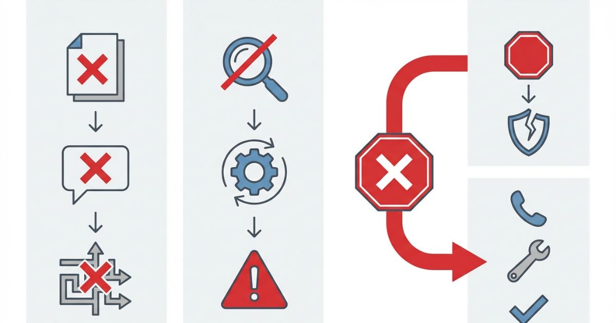 区分混在や所見空欄や対応未固定が見落としと判断ミスと停止や事故リスクにつながり停止連絡是正再点検で回避する流れを示す図解