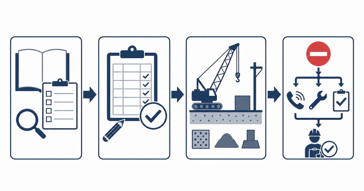 点検表運用前にメーカー資料や社内基準や現場条件を確認し作業可否判断へ進む流れを示す図解