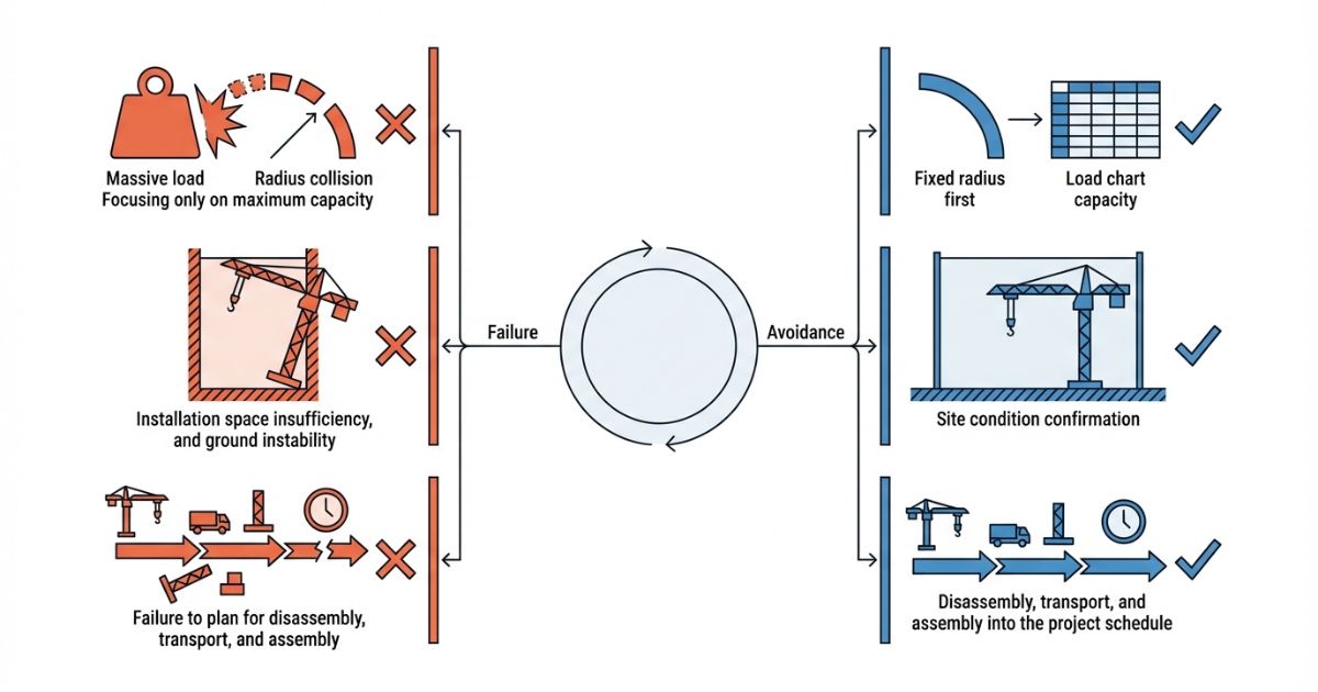 吊り能力だけ判断で止まる失敗と設置・搬入・組立で回避する分岐を示す図解