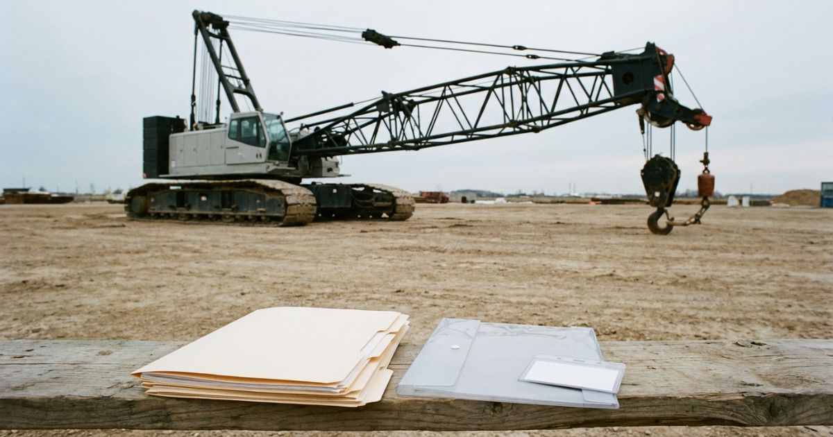 クローラークレーン本体と無地の書類小物で免許資格確認を連想させる現場イメージ写真