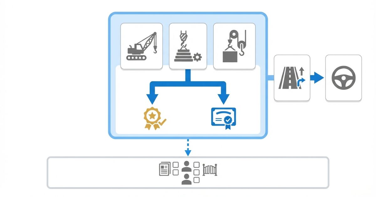 機体条件から免許か技能講習に分岐し公道走行なら運転免許が追加され現場ルールが上乗せされる判断軸を示す文字なし図解