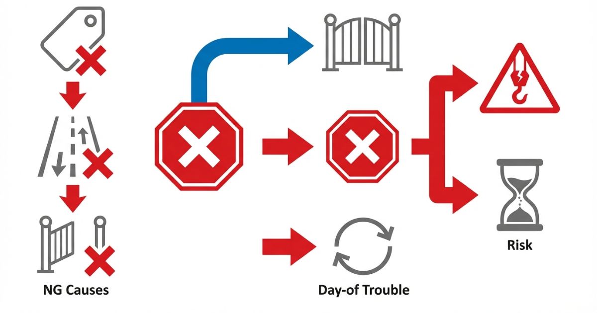 名称判断や公道走行見落としや現場上乗せ未確認が当日NGや作業停止や違反や工程遅れにつながる流れを示す文字なし図解