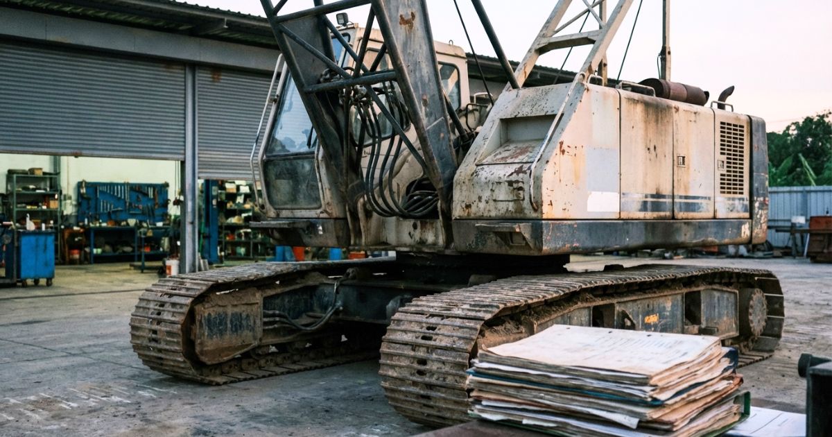 クローラークレーンの耐用年数と更新判断をイメージした現場ヤードの写真