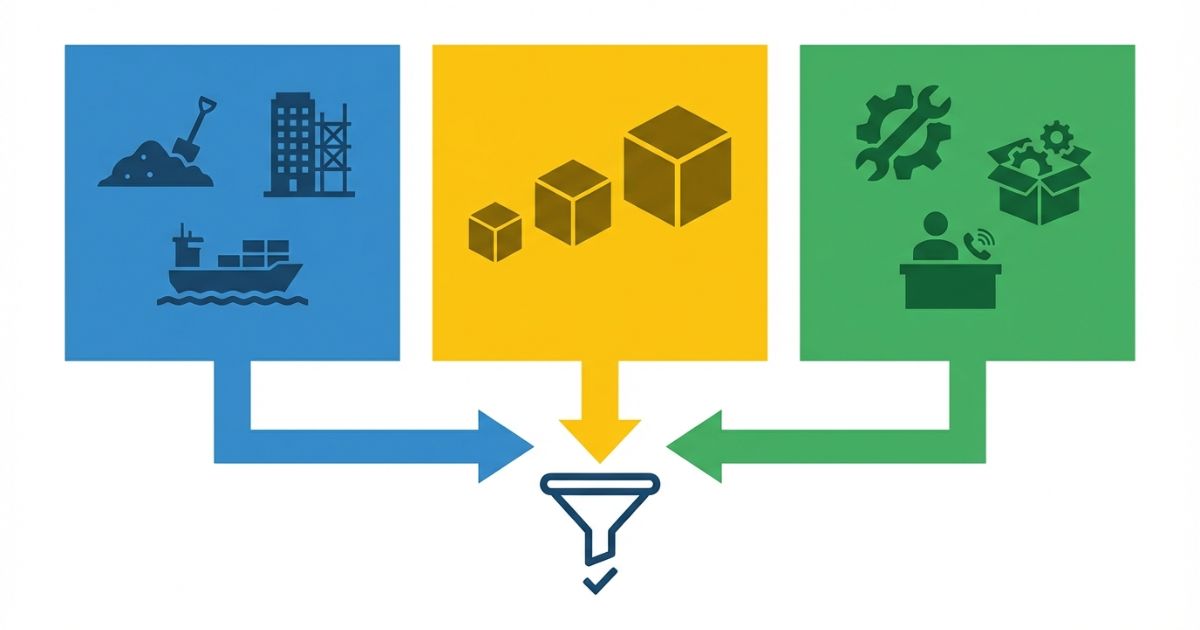 用途×規模×運用前提でメーカー候補を絞る判断軸を示す図解