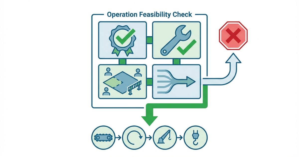 吊り荷なしで安全姿勢のクローラークレーンが作業ヤードに待機する操作イメージ写真