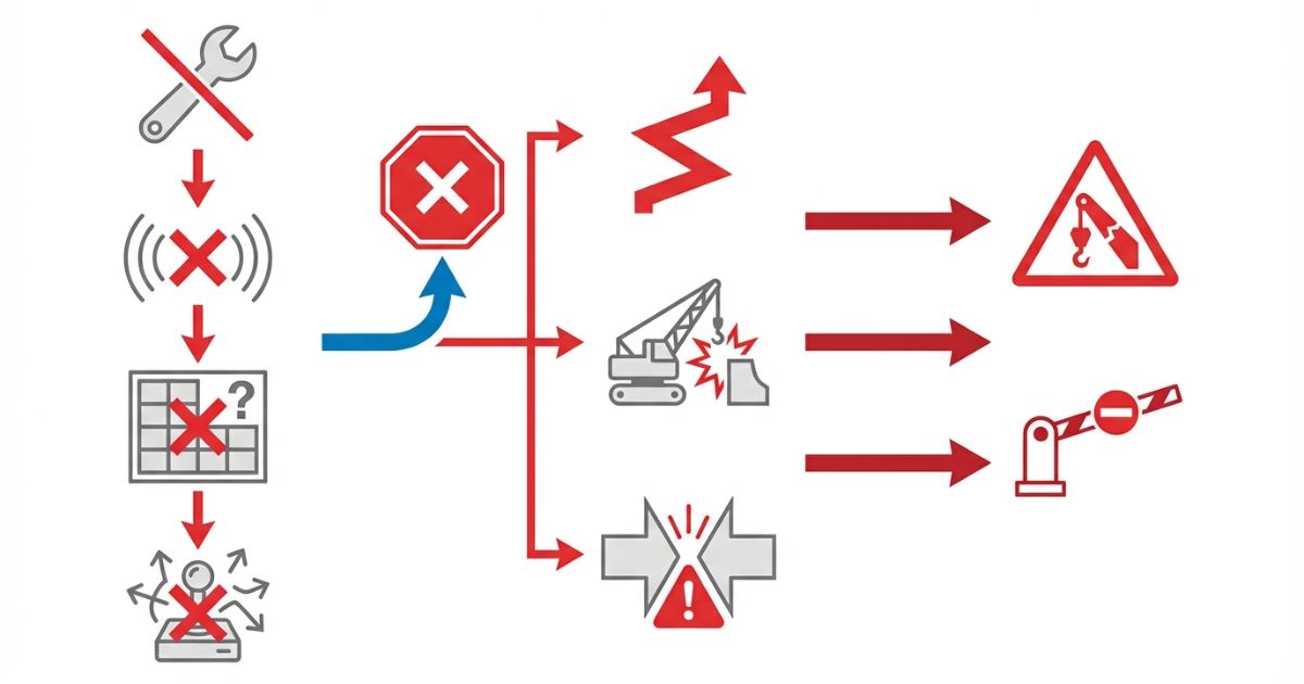 点検省略や合図不明や条件未確認や自己流が危険兆候から事故や作業停止につながる連鎖を示す文字なし図解