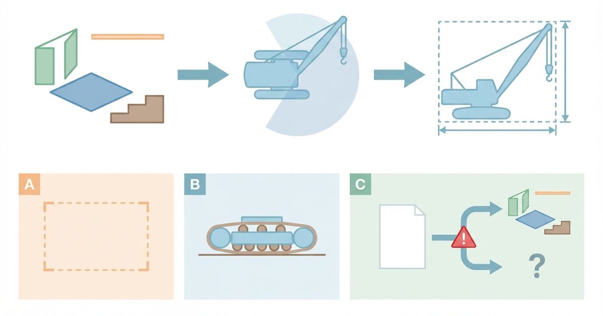 平面図と寸法図で置けるか通せるかを判断する流れを示す図解
