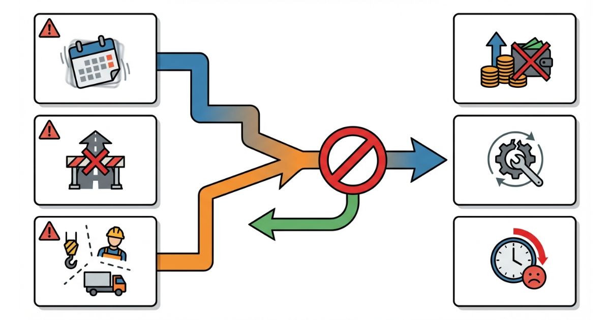 延長や搬入出や手配範囲の見落としが連鎖して損するリスクと回避分岐を示す図解