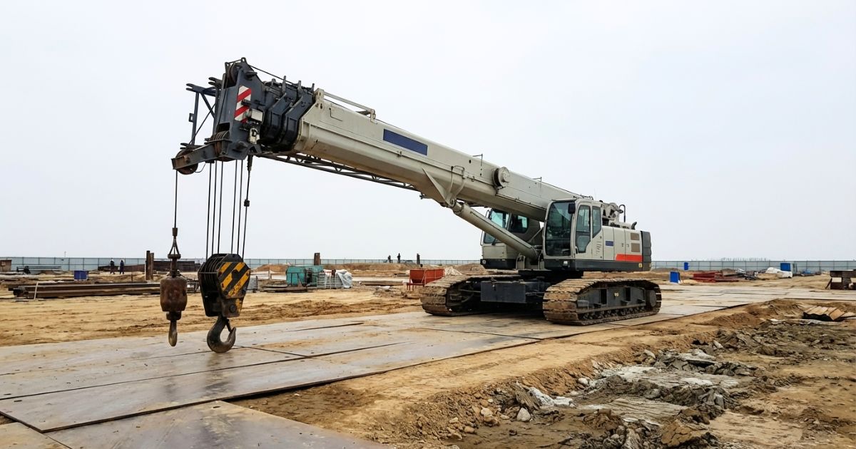 地盤を確認した上で安全姿勢で設置されたクローラークレーンの現場イメージ写真