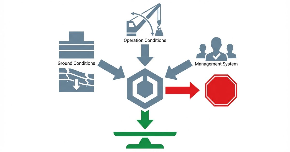 地盤条件と作業条件と管理体制が揃わなければ作業を止める判断軸を示す図解
